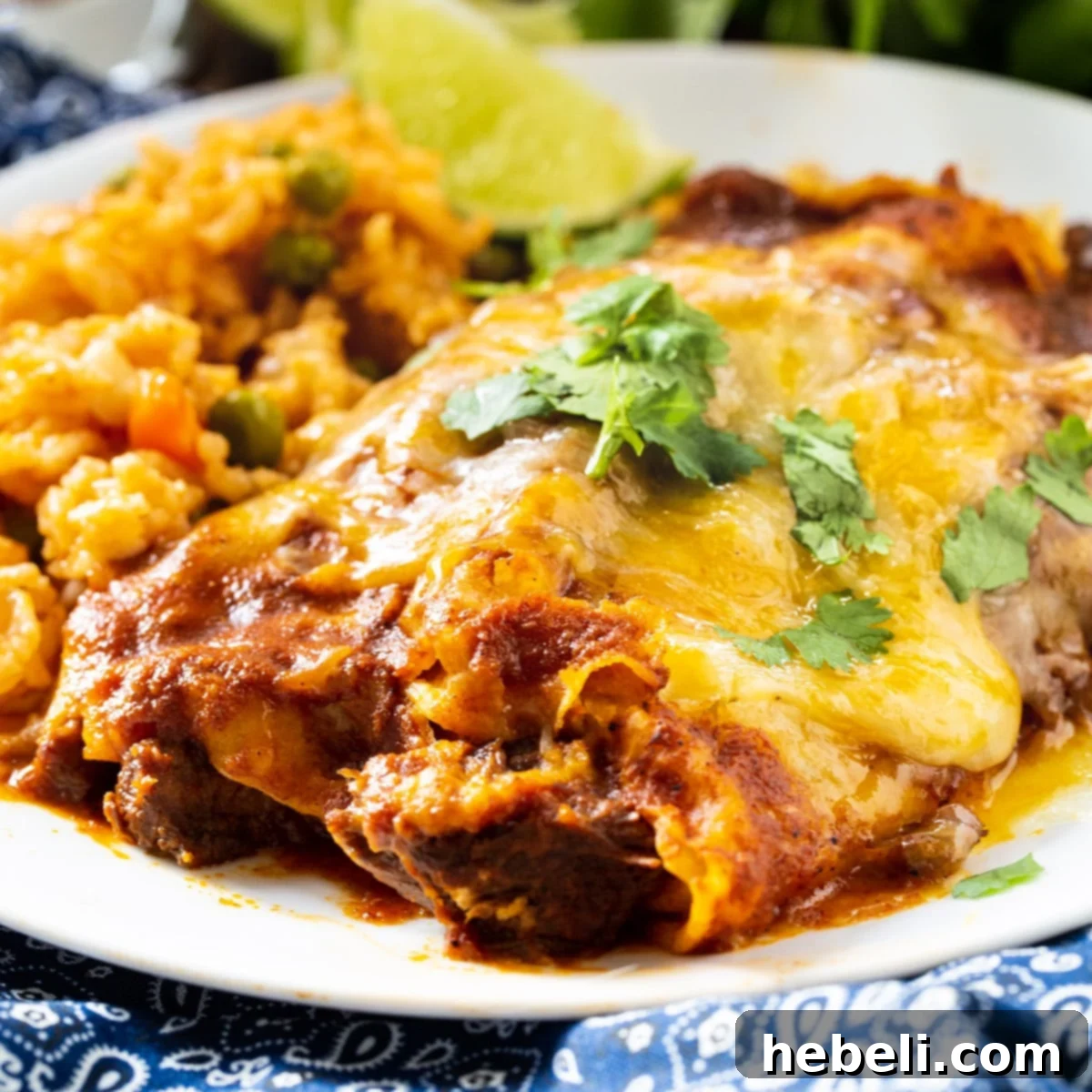 Hearty Beef Enchiladas 2 Two Red Enchiladas with tender beef and cheese, served on a plate with Mexican rice, garnished with fresh cilantro.