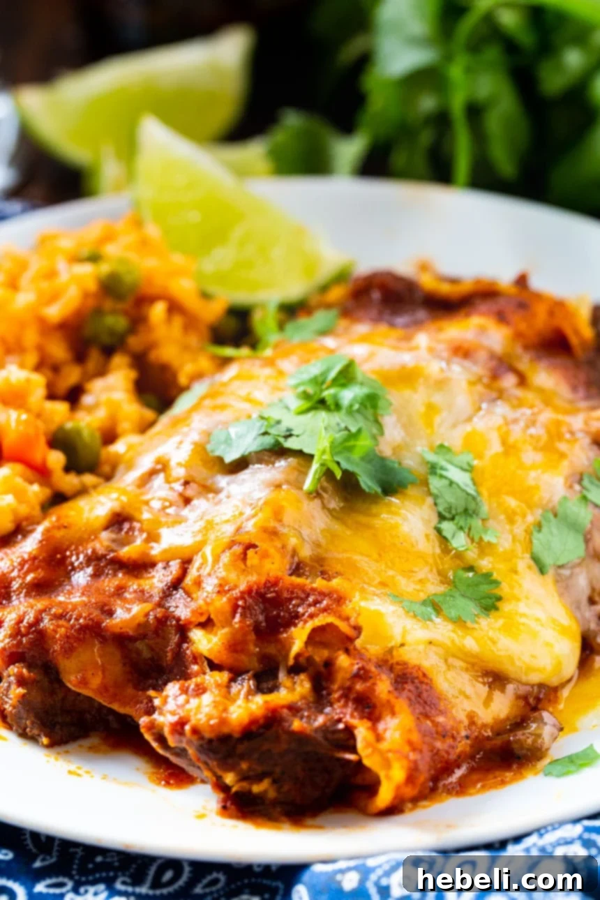 Hearty Beef Enchiladas 4 Red Enchiladas with Beef on a platter, ready to be served, garnished with fresh cilantro.