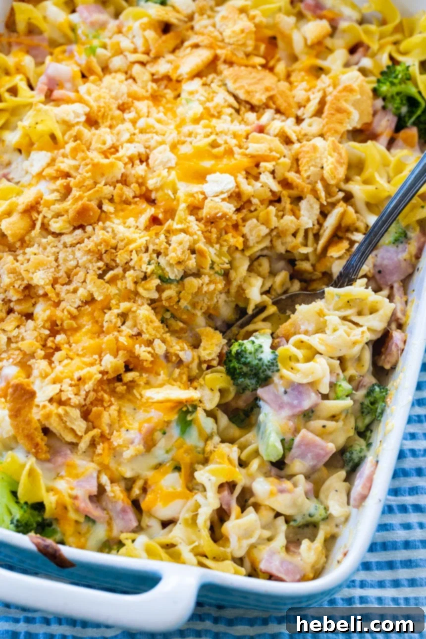 Hearty Ham and Broccoli Noodle Bake 4 Serving of Ham and Noodle Casserole in a bowl, steam rising, ready to be enjoyed.