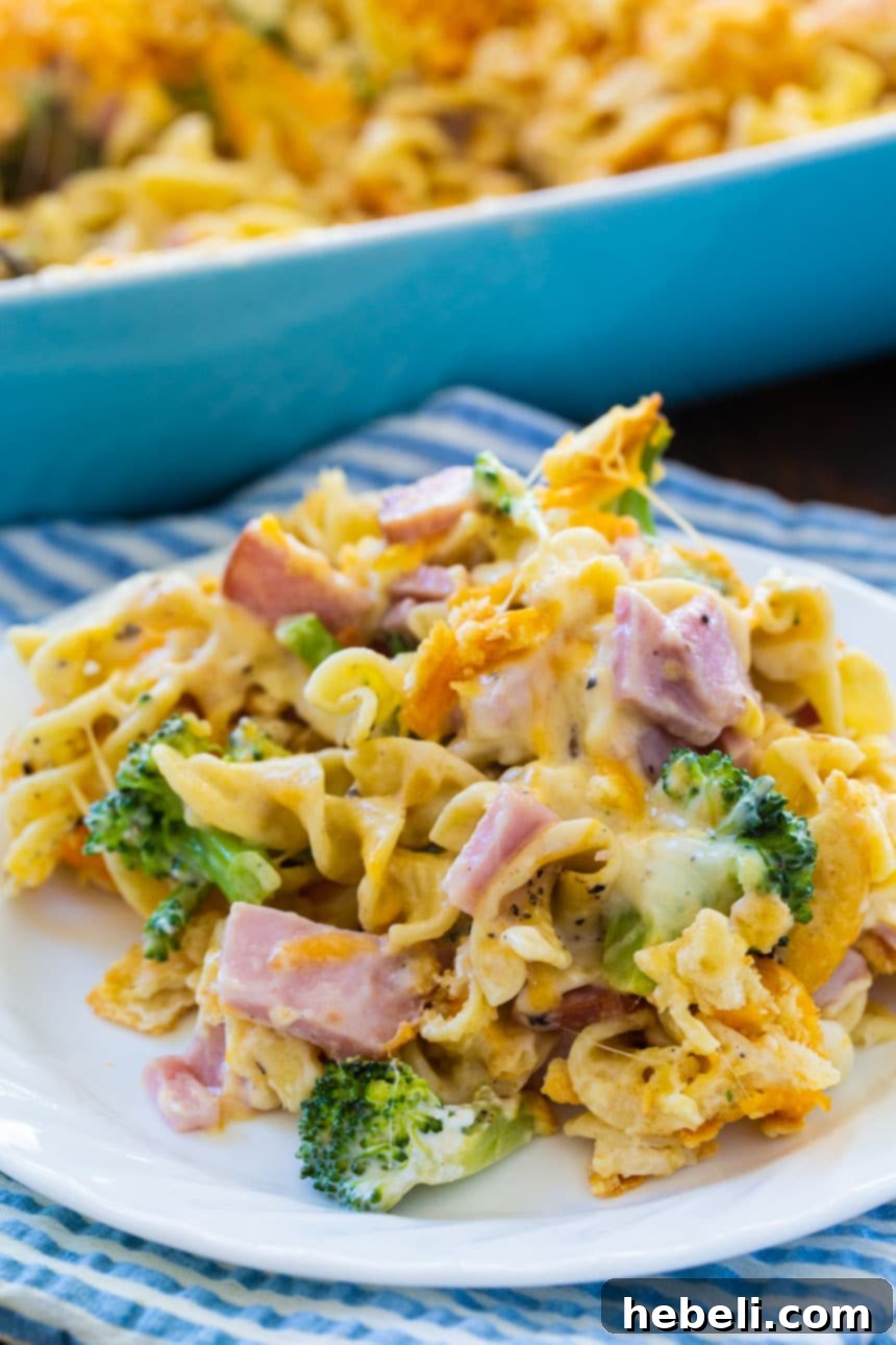 Hearty Ham and Broccoli Noodle Bake 5 Close-up of the golden-brown, crispy cracker topping on the Ham and Noodle Casserole.