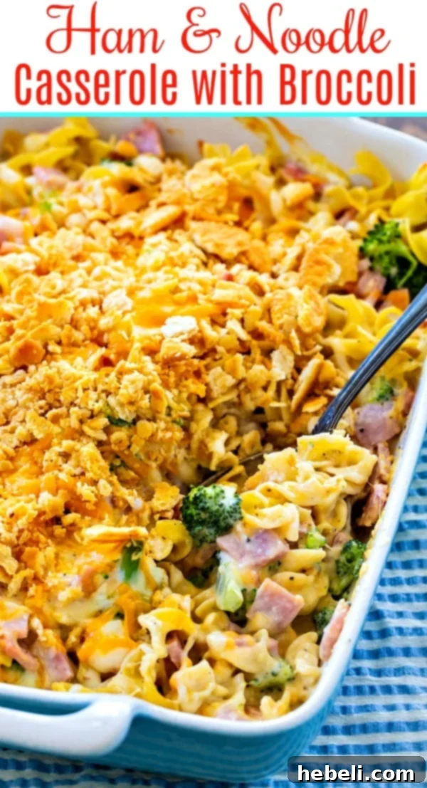 Hearty Ham and Broccoli Noodle Bake 7 Large baking dish filled with a golden-brown Ham and Broccoli Casserole, ready to be served.
