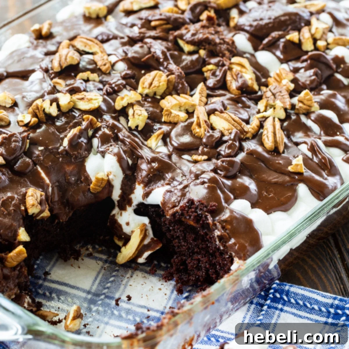 A close-up view of a freshly baked Mississippi Mud Cake in a 9x13-inch pan, with a generous slice cut out, showcasing the layers of rich chocolate cake, melted marshmallows, and thick fudgy icing, adorned with pecans.