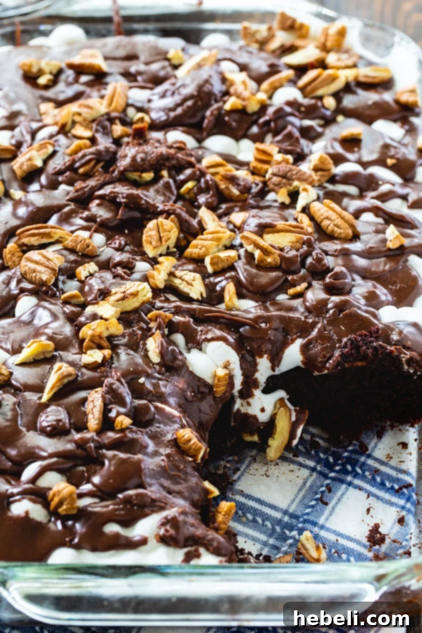 The complete Southern Mississippi Mud Cake, showcasing its beautiful layers of cake, melted marshmallows, and fudgy icing, generously topped with toasted pecans, ready to be served.
