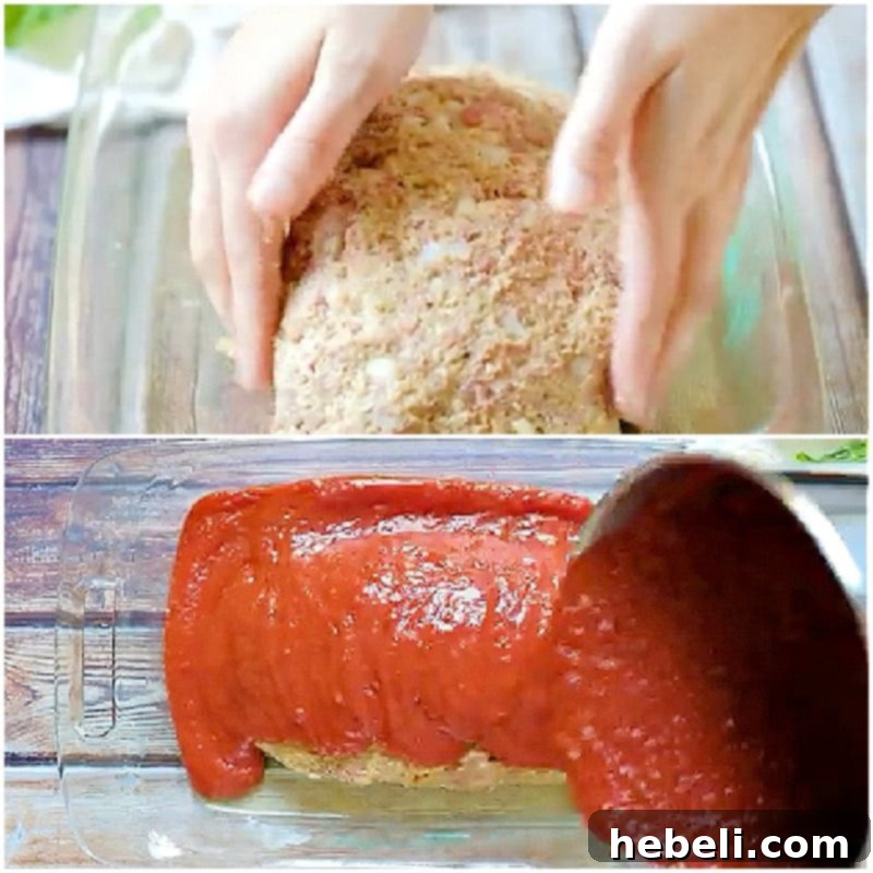 Italian Meatloaf being shaped into an oval in a baking dish before adding sauce.