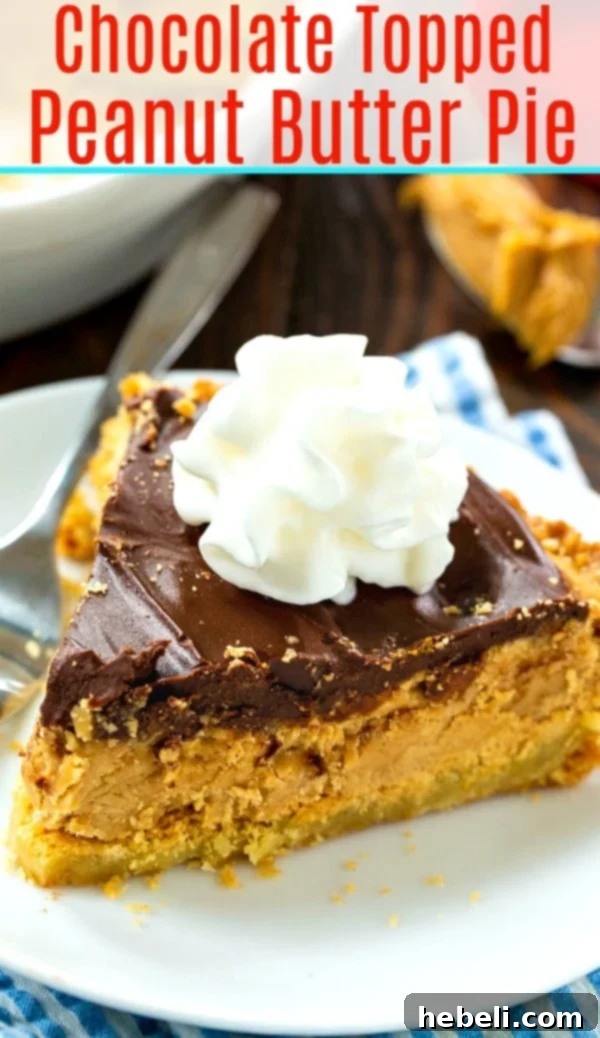 Ultimate Chocolate Peanut Butter Cookie Pie 6 A beautifully decorated slice of Chocolate Topped Peanut Butter Pie, ready to be served