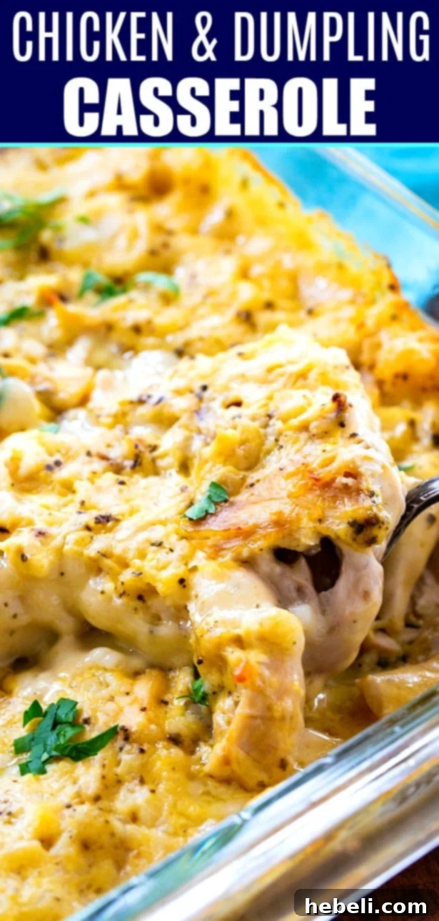 A large serving spoon scooping out a portion of the Super Easy Chicken and Dumpling Casserole, highlighting its creamy interior.