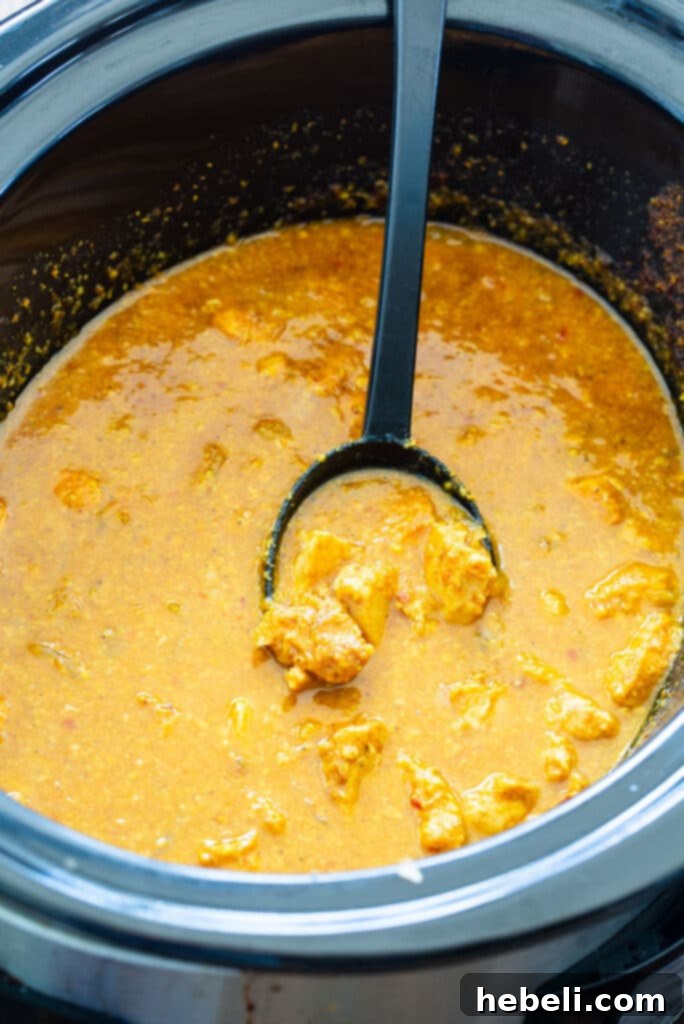 Chicken Korma simmering gently in a slow cooker, showing the rich, thick sauce.