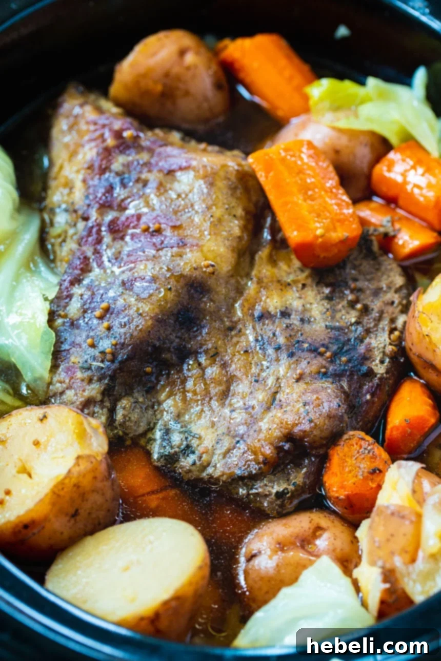 Close-up of tender Slow Cooker Corned Beef and Cabbage with potatoes and carrots, perfect for a St. Patrick's Day celebration.