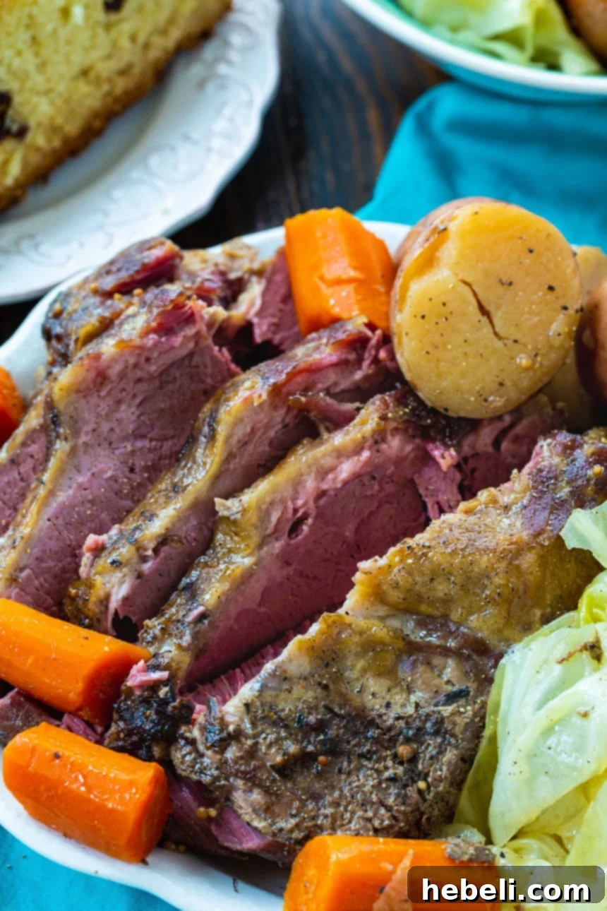 A hearty and colorful plate of Slow Cooker Corned Beef and Cabbage with root vegetables.