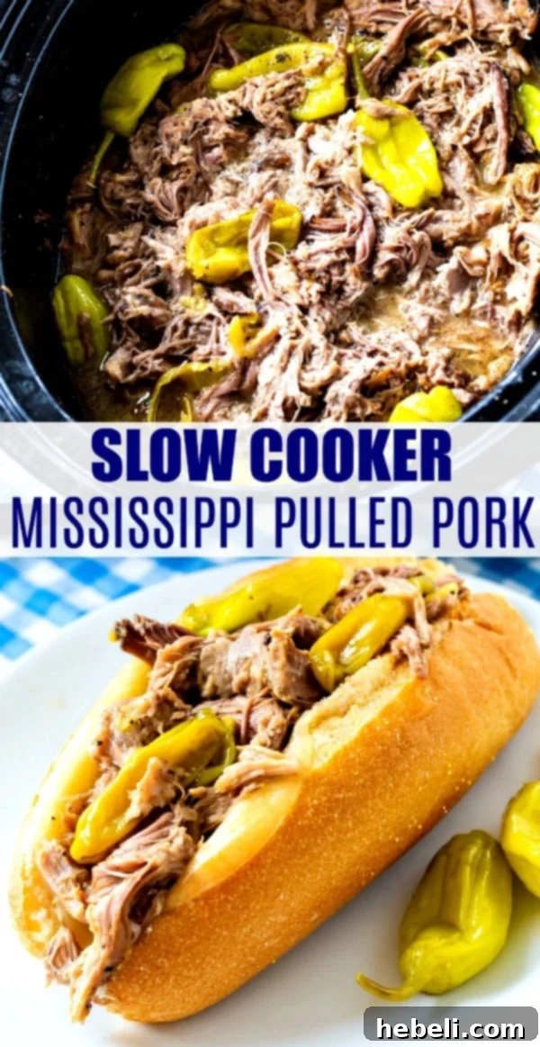 A final close-up of Slow Cooker Mississippi Pulled Pork, showing its juicy texture and rich brown color.