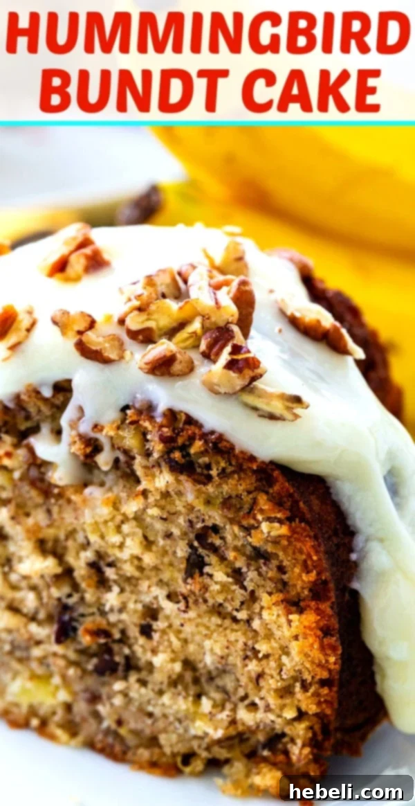 Southern Hummingbird Bundt 7 A close-up of Hummingbird Bundt Cake with Cream Cheese Glaze, showing the intricate details of the glaze and cake texture.