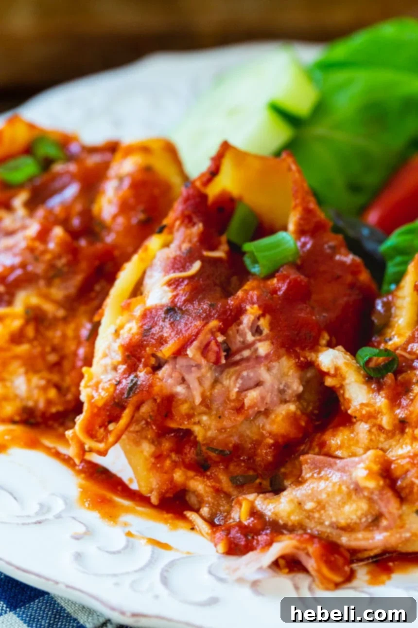Beautifully baked Pulled Pork Stuffed Shells, ready to serve.