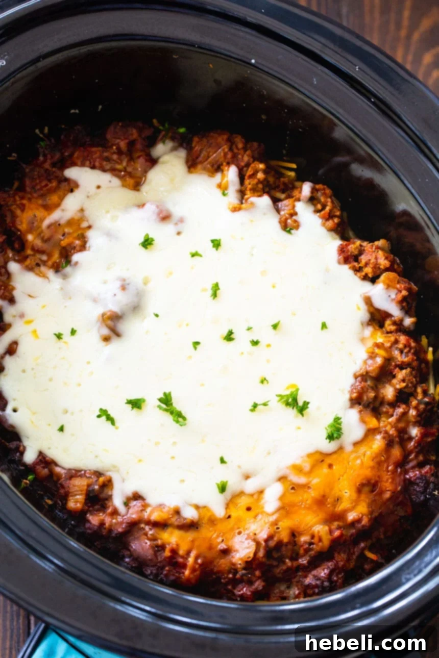 One-Pot Slow Cooker Spaghetti Dinner 3 Slow Cooker Spaghetti Casserole with a rich, dark sauce and melted cheese topping.