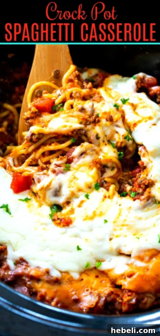 One-Pot Slow Cooker Spaghetti Dinner 6 Close-up of Spaghetti Casserole, showing the rich sauce and perfectly cooked spaghetti.