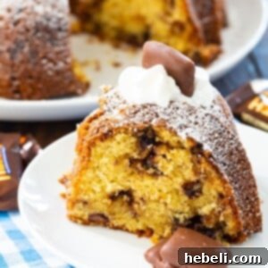 Bundt Cake with chopped heath bars and milk chocolate chips, ready to be served.