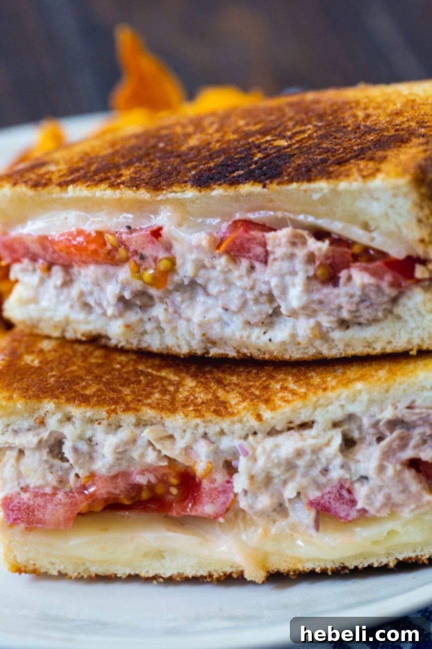 Golden Tuna Melt 3 Close-up of a half-eaten Classic Tuna Melt, showing the crispy bread, melted cheese, and creamy tuna filling.