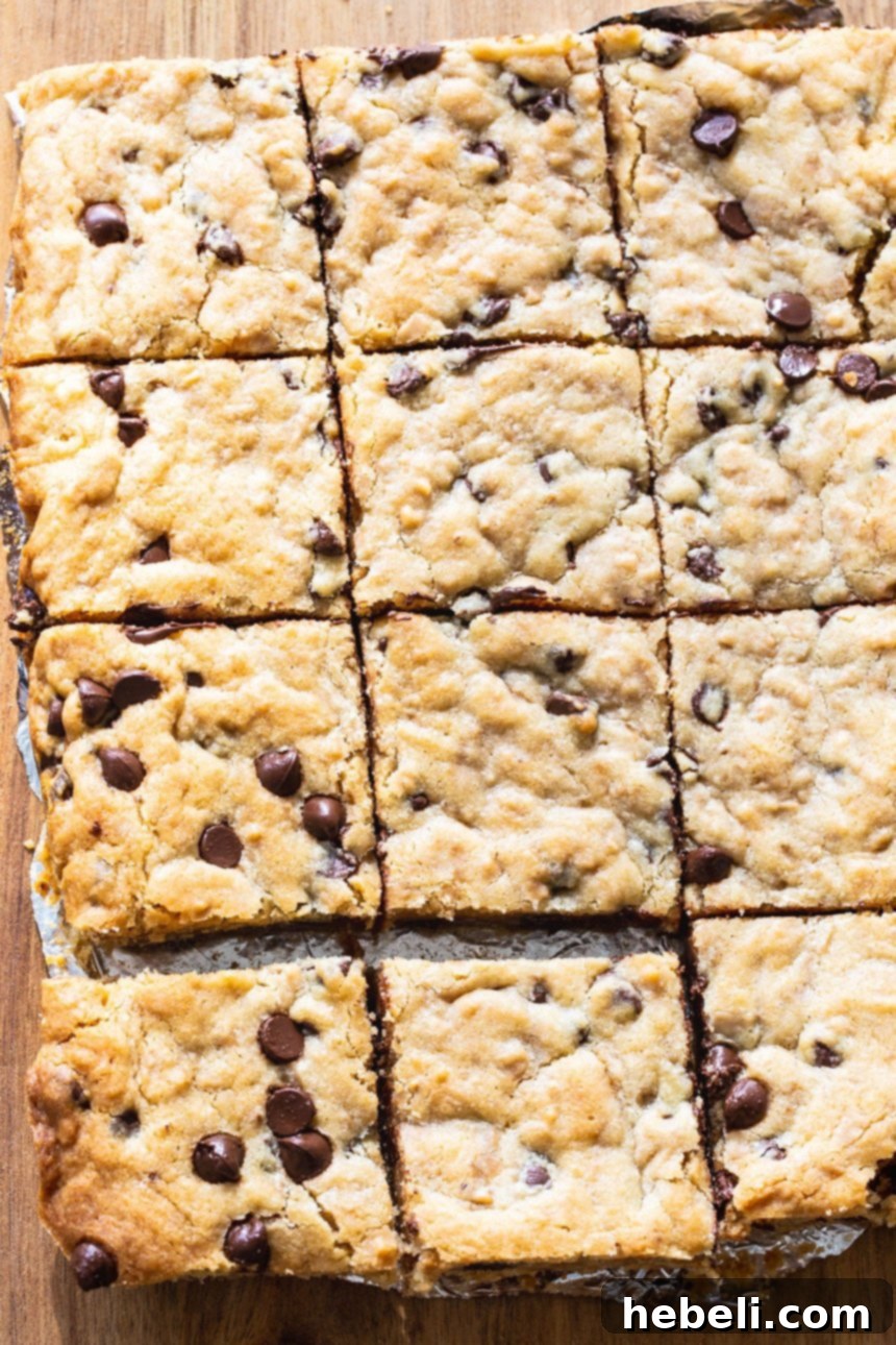 Chewy Toffee Chocolate Bars 3 Close-up shot of Toffee Chocolate Chip Bars, showcasing their golden-brown top and delightful texture.