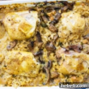 Baked Chicken and Rice Casserole in baking dish.