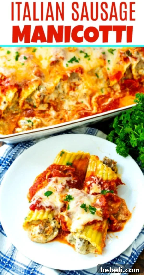 Close-up of baked Italian Sausage Manicotti, showing the melted cheese and rich sauce.