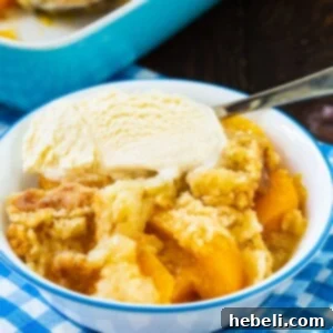 Year-Round Peach Cobbler Delight 6 Peach Cobbler in a bowl with vanilla ice cream, ready to be enjoyed.