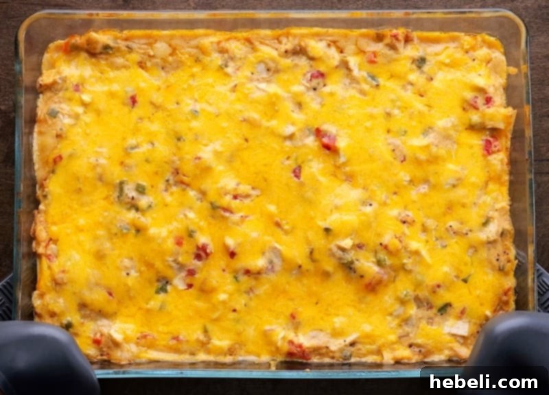 The King Ranch Chicken Casserole just removed from the oven, bubbling hot with melted cheese.