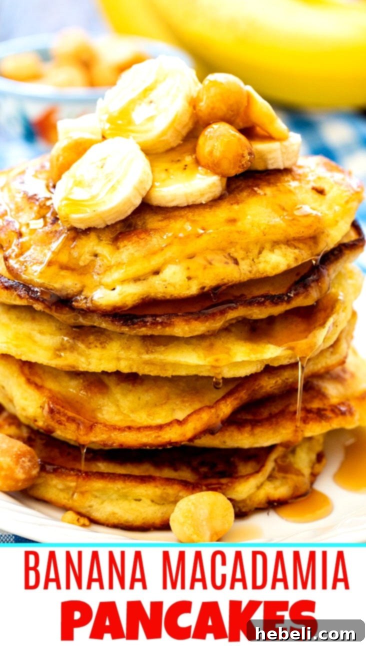 Close-up of a stack of Banana Macadamia Nut Pancakes, perfect for a tropical breakfast