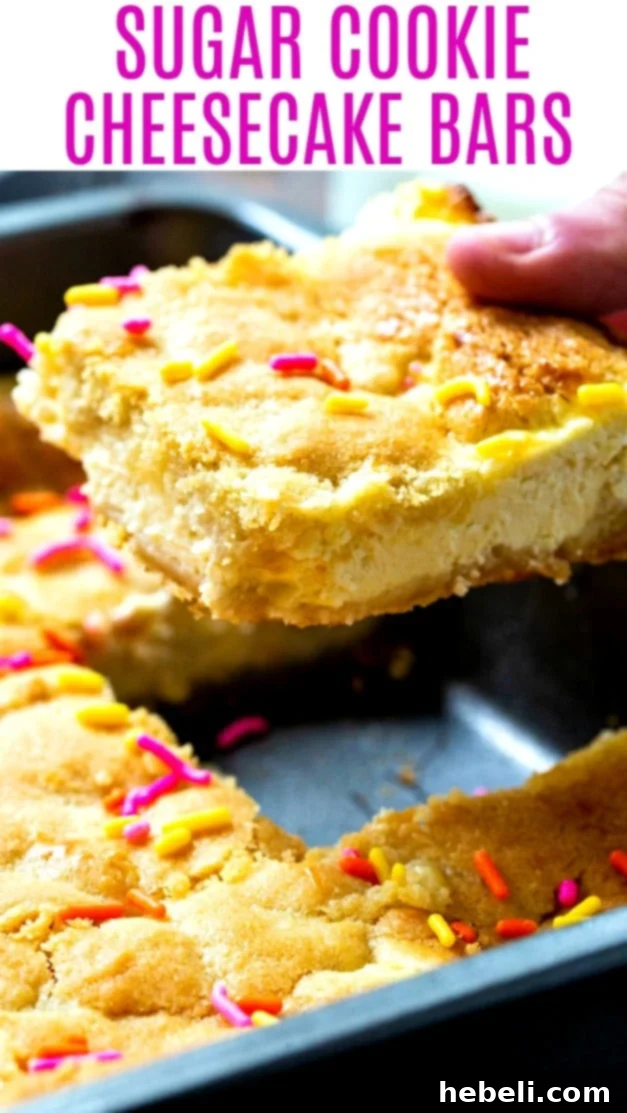 Hand holding a slice of Sugar Cookie Cheesecake Bar, showing the thick layers and inviting texture.