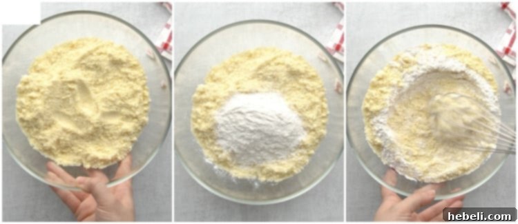 A close-up image showing the dry ingredients, Jiffy Corn Muffin Mix and self-rising flour, being mixed together in a bowl.