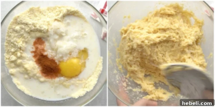 The process of mixing the wet ingredients—egg, grated onion, buttermilk, salt, and pepper—into the dry Jiffy Hush Puppies batter.