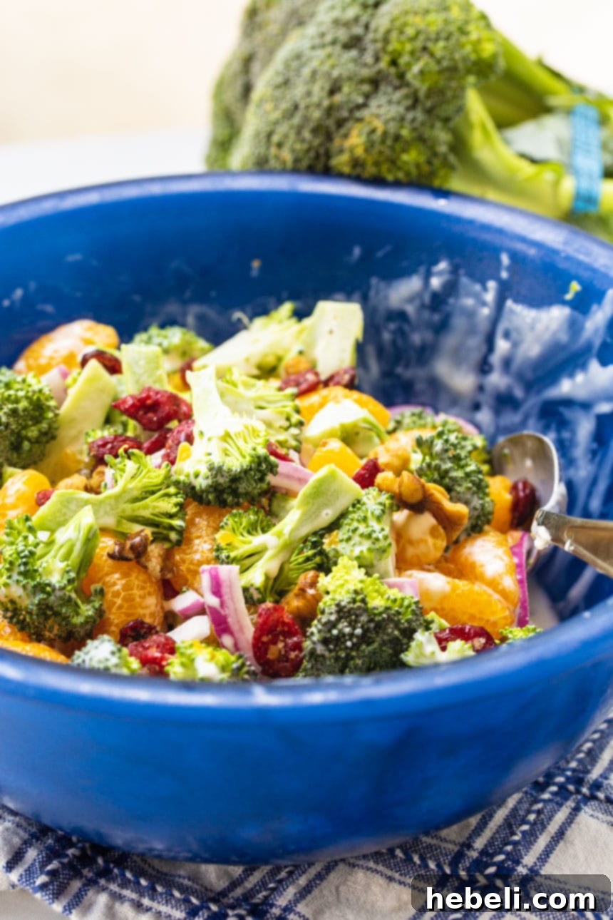 Mandarin Broccoli Salad with fresh broccoli florets in the background, showcasing its fresh ingredients.