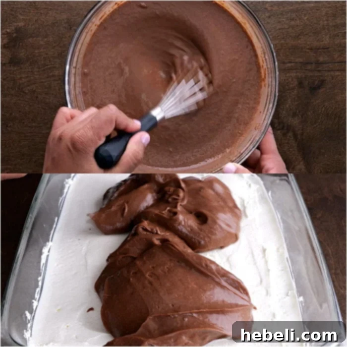 Pouring the chocolate pudding layer over the cream cheese.