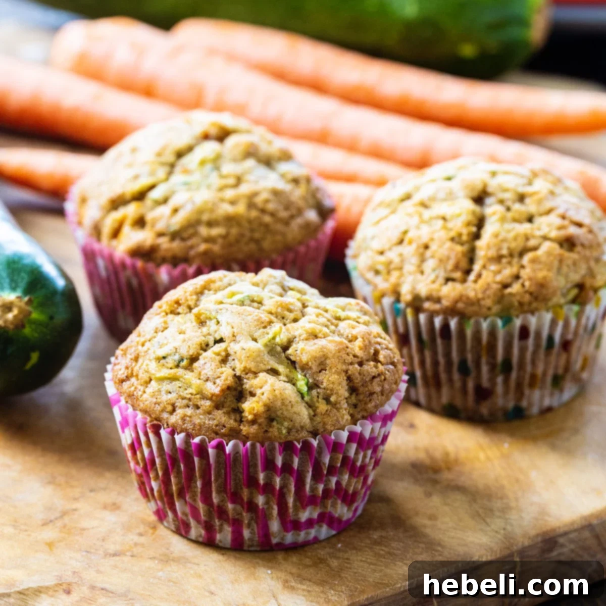 Wholesome Garden Muffins 2 Three golden-brown Carrot Zucchini Muffins artfully arranged on a rustic wooden board, highlighting their moist texture and the vibrant flecks of carrot and zucchini.