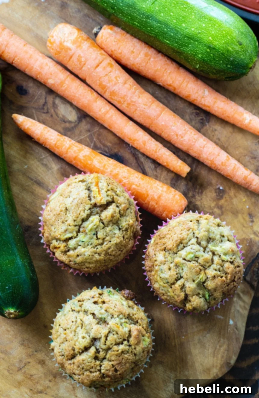 Wholesome Garden Muffins 3 An overhead shot of three freshly baked Zucchini Carrot Muffins alongside a scattering of crisp carrot sticks, emphasizing their wholesome ingredients.
