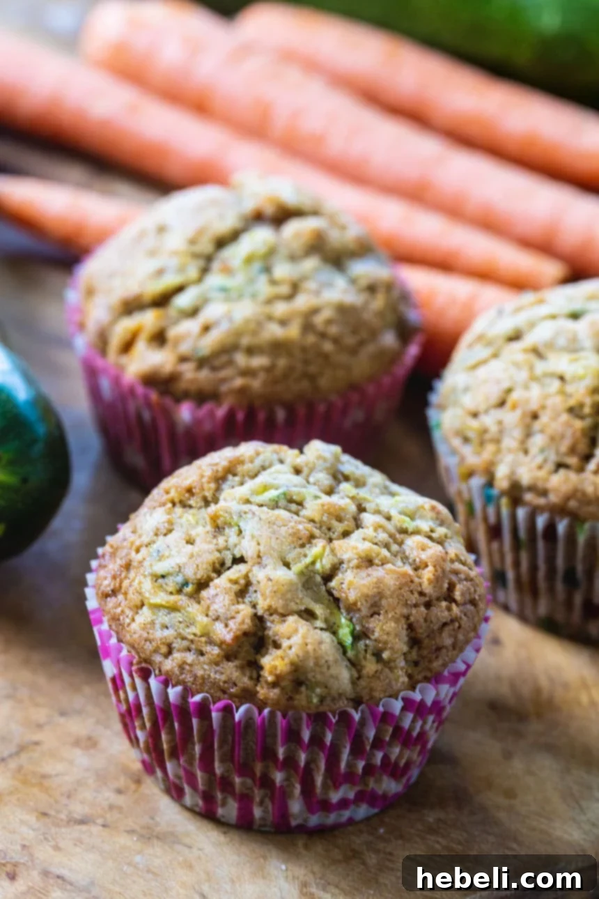 Wholesome Garden Muffins 4 A close-up shot of the top of a Carrot Zucchini Muffin, revealing its golden-brown crust and moist interior, dotted with grated vegetables and aromatic spices.