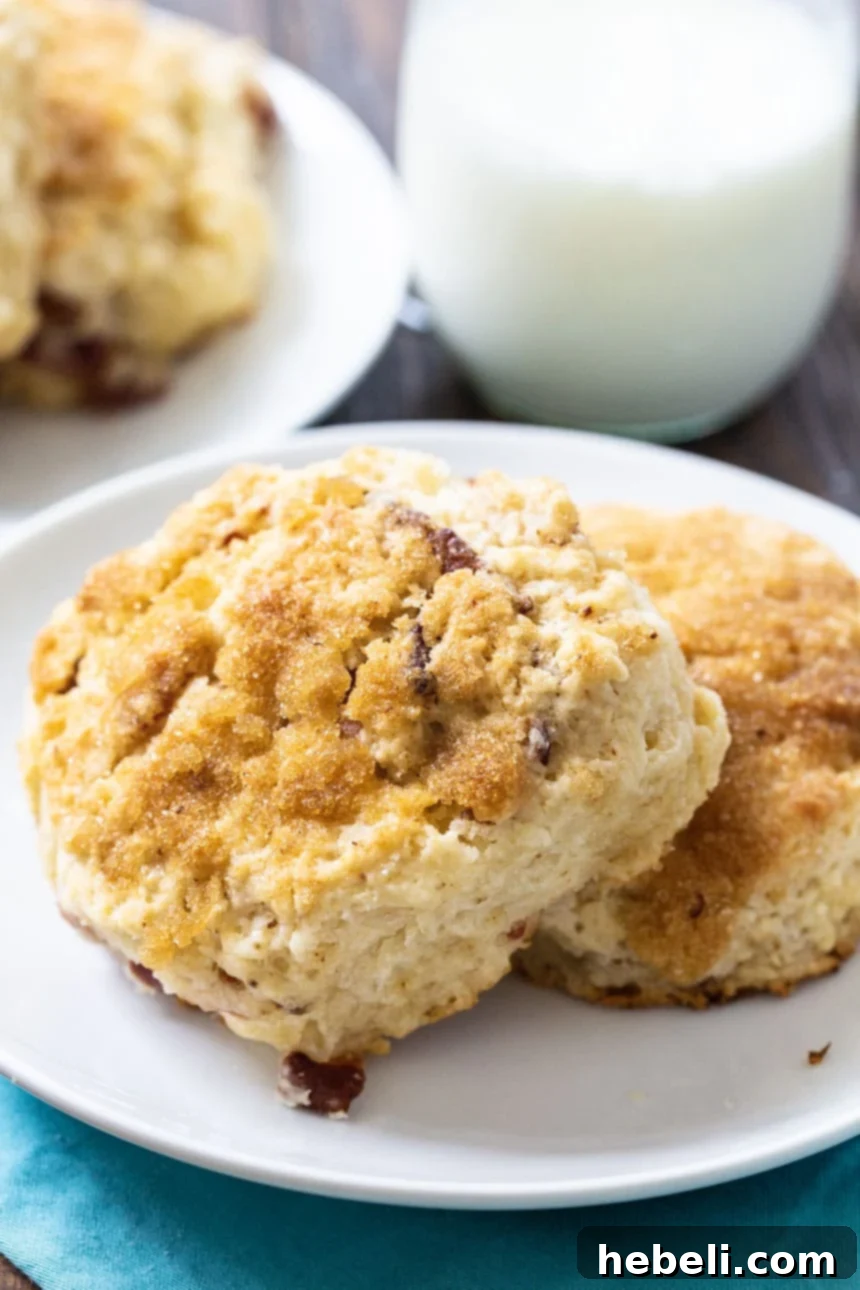 Two freshly baked Brown Sugar Bacon Biscuits on a plate, with a glass of cold buttermilk in the background, suggesting a perfect pairing.