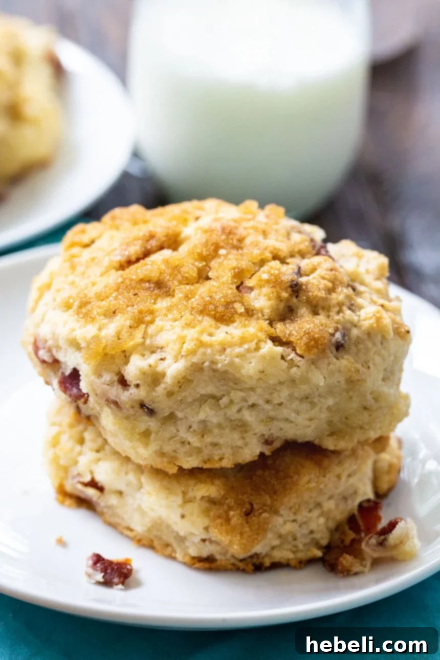 A stack of golden-brown Brown Sugar Bacon Biscuits on a white plate, highlighting their height and rich color.