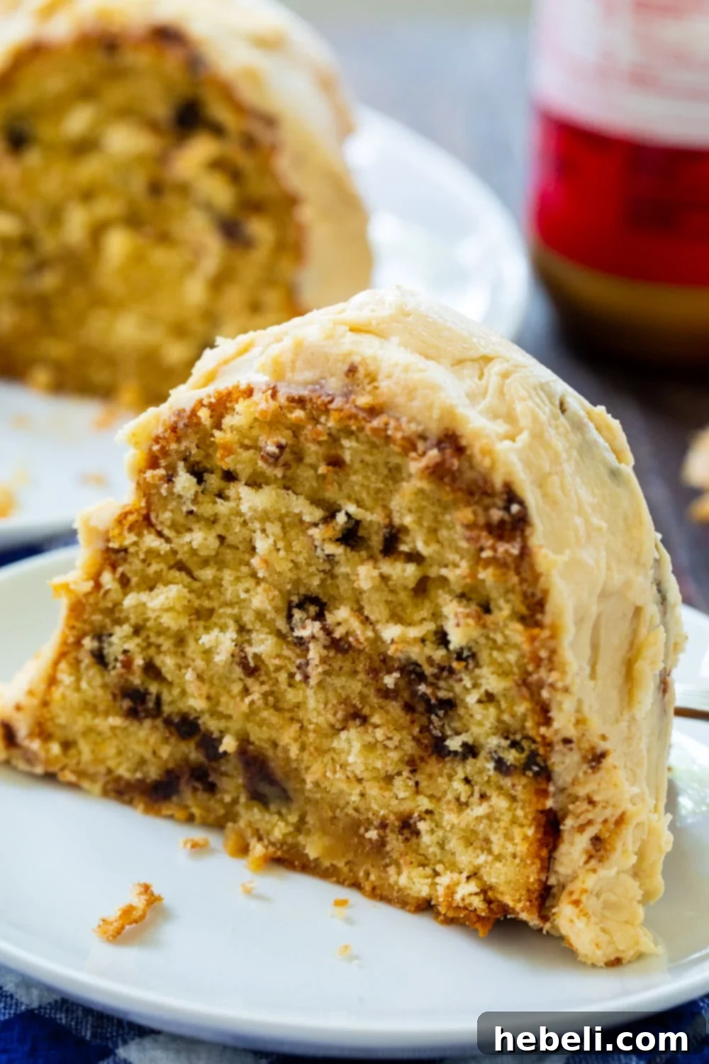 Decadent Peanut Butter Bundt 4 A close-up of a slice of Peanut Butter Bundt Cake, showcasing the delicate chocolate chips and the smooth peanut butter icing.
