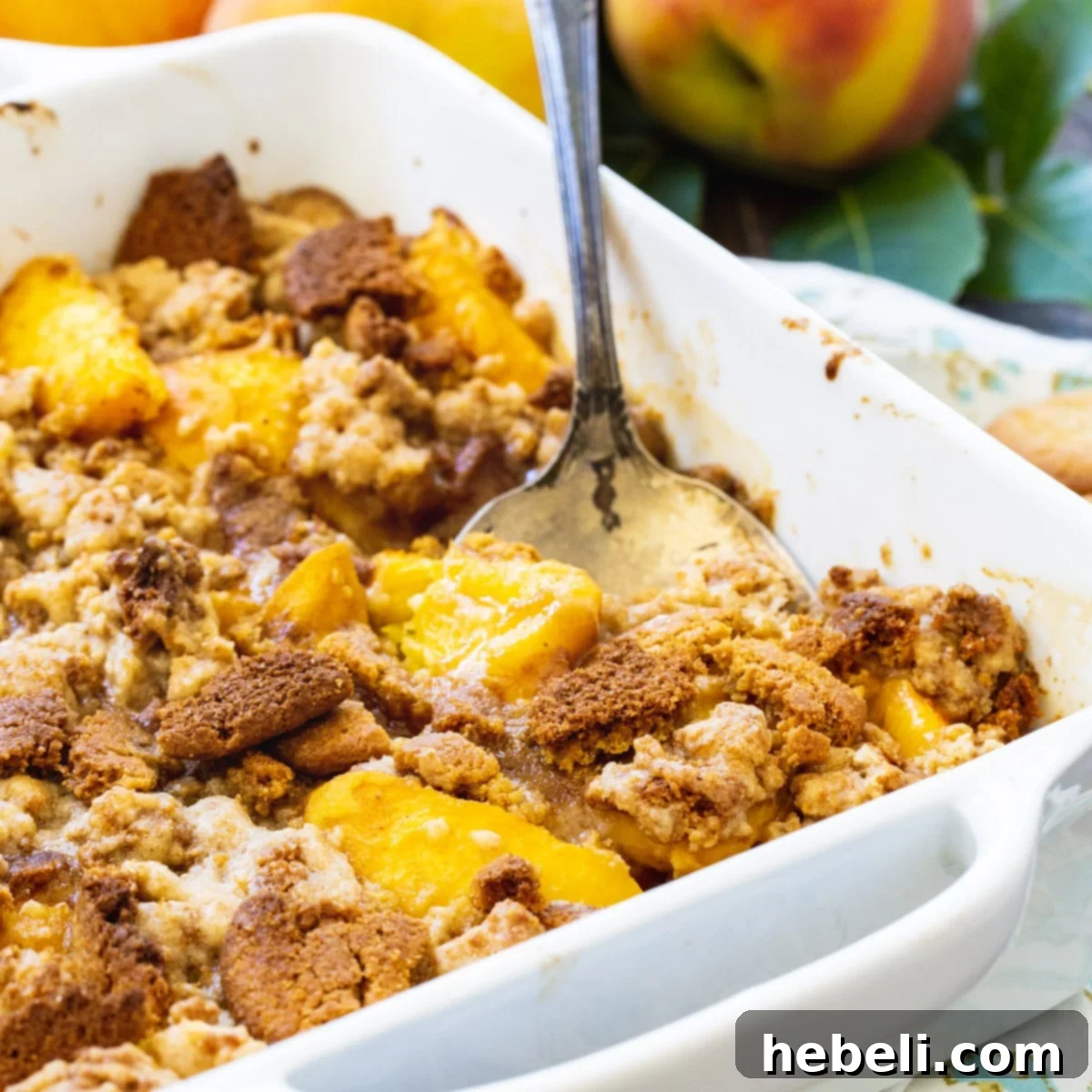 Spoon scooping Peach Gingersnap Crisp from a white baking dish, showing the juicy peaches and crispy topping.