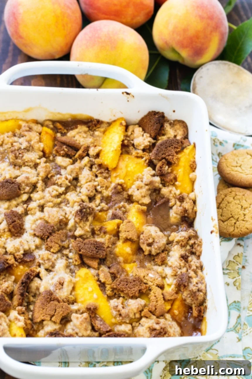 Close-up of Peach Gingersnap Crisp with fresh peaches in the background, highlighting the golden topping.
