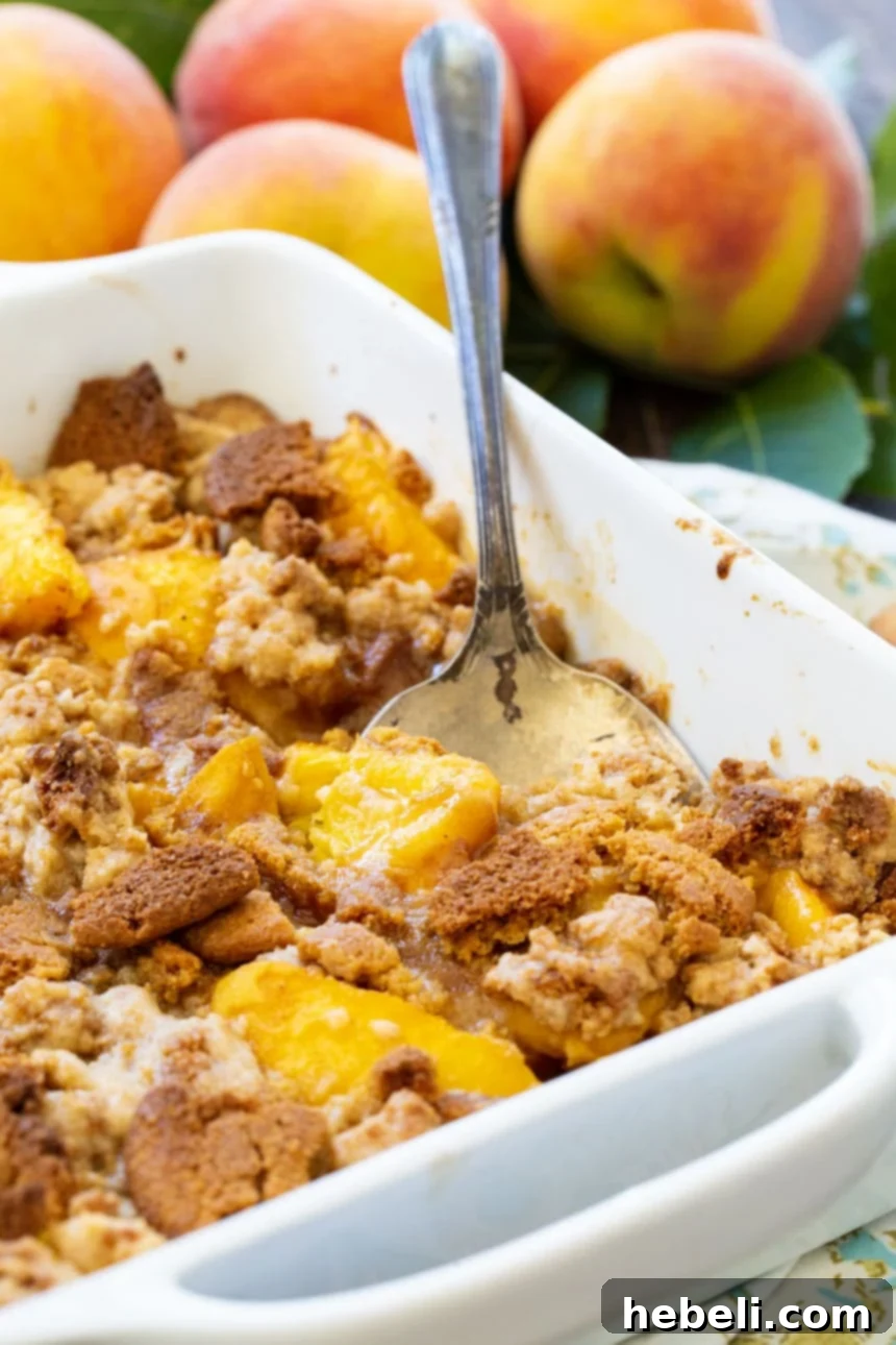 Peach Gingersnap Crisp in a white baking dish with a serving spoon, highlighting the rich fruit filling.