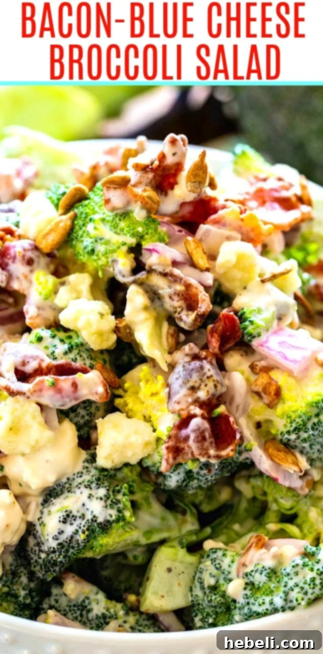 A close-up view of Bacon-Blue Cheese Broccoli Salad, showcasing the texture and vibrant ingredients.