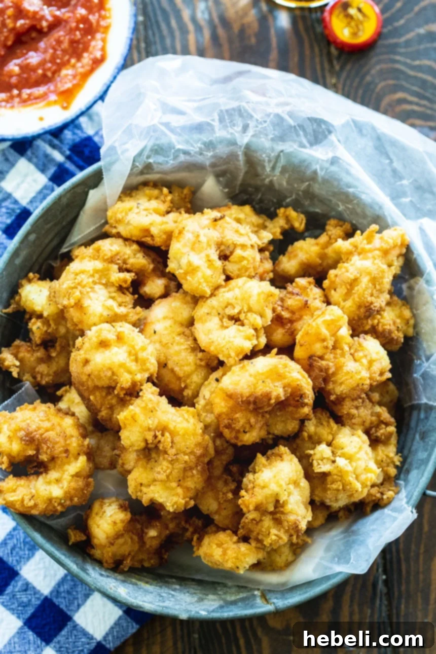 Overhead shot of golden-fried Calabash Shrimp served with a side of tangy cocktail sauce.