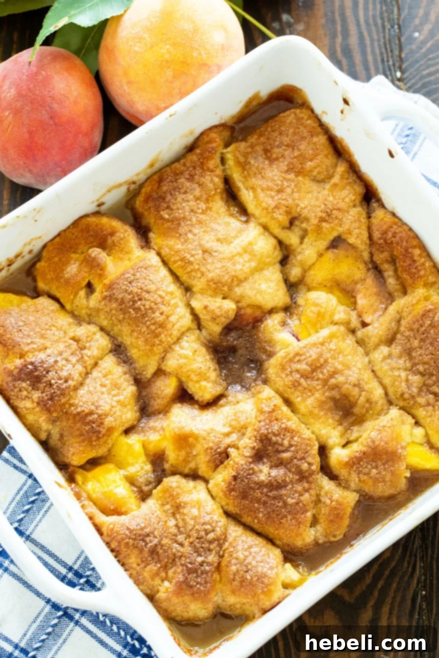 A baking dish filled with freshly baked Peach Crescent Dumplings, golden brown and bubbling with a sweet, syrupy sauce, ready to be served.
