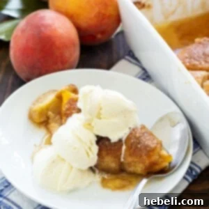 Peach Dumpling on a plate with vanilla ice cream