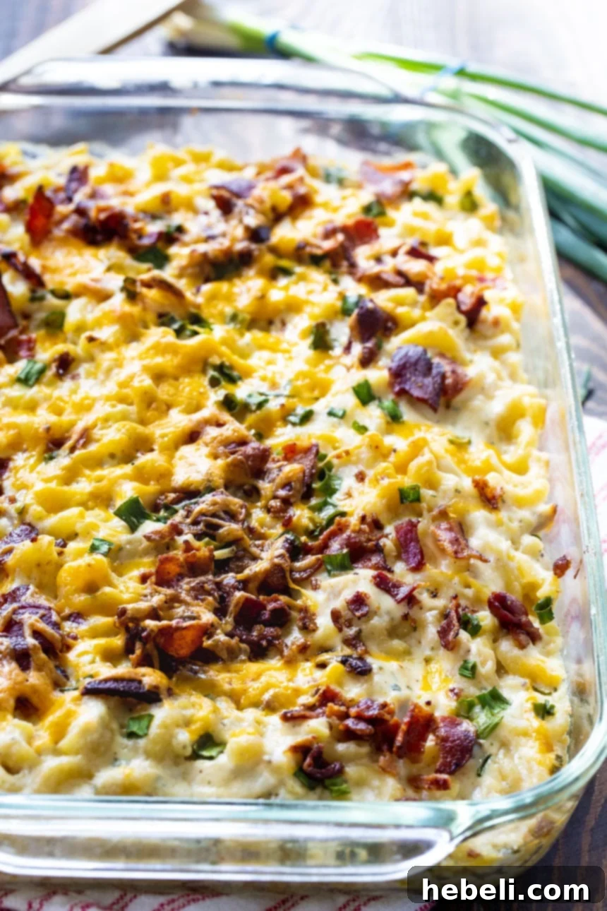 Loaded Chicken Bacon and Ranch Mac and Cheese 3 Large 9x13-inch baking pan filled with golden-brown Chicken, Bacon & Ranch Mac & Cheese, topped with crispy bacon and vibrant green onions, ready to be served.
