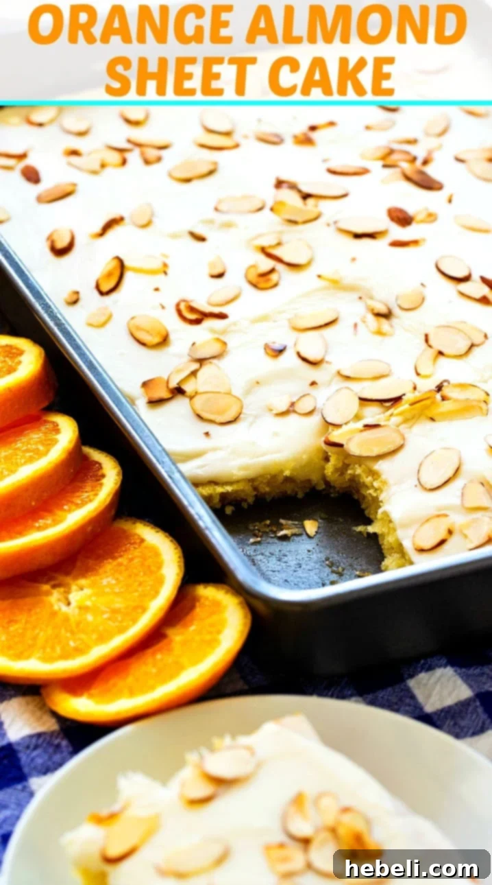 Golden Orange Almond Delight 6 The full Orange Almond Sheet Cake, beautifully frosted and garnished with fresh orange slices, showcasing its irresistible charm for any gathering.