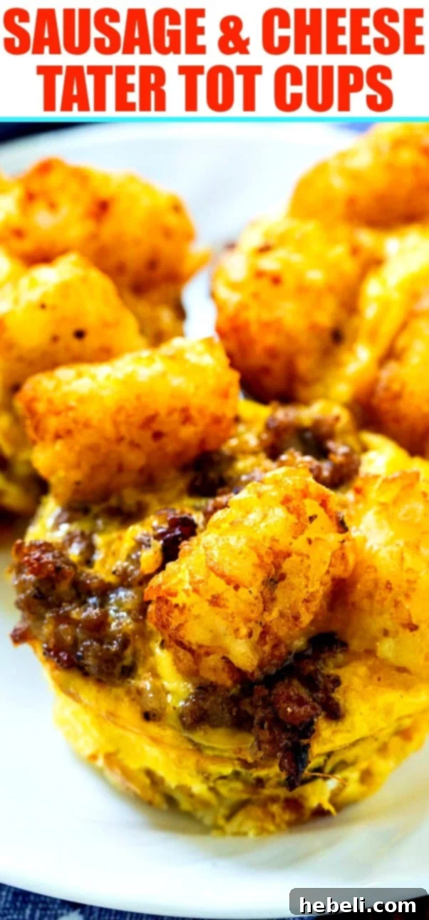 Close-up view of Sausage and Cheese Tater Tot Cups, showcasing the melted cheese and crispy tater tots.