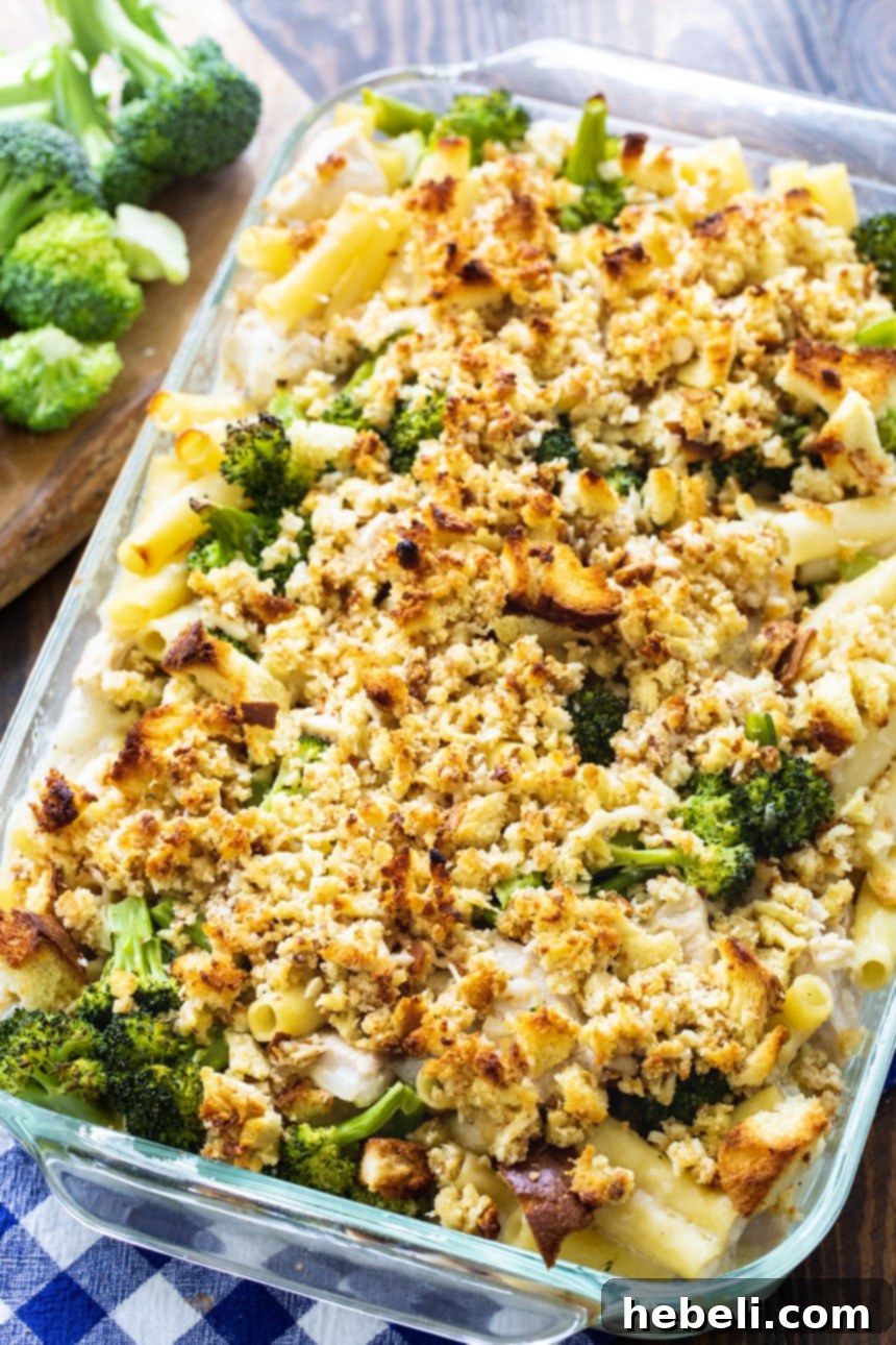 Creamy Chicken Broccoli Ziti Bake 3 A large 9x13-inch baking dish filled with homemade Chicken Ziti Casserole with Broccoli, golden and bubbly.