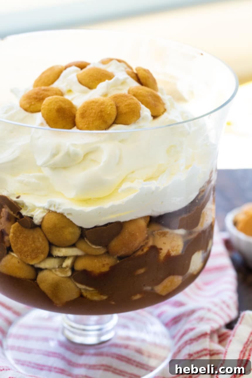 Chocolate Banana Pudding in a trifle bowl with visible layers.