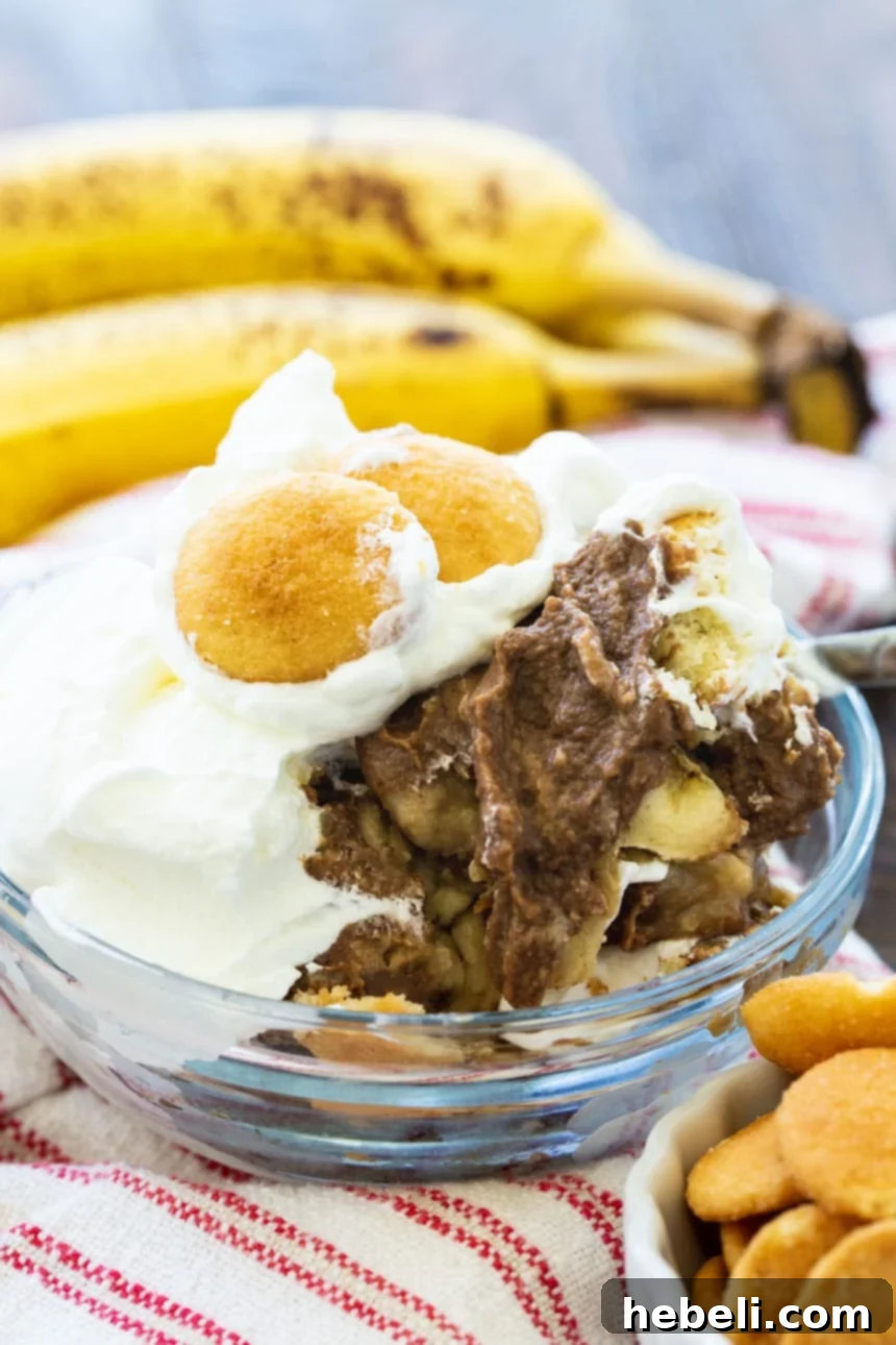 Banana Pudding with chocolate pudding in a small bowl, ready to be enjoyed.